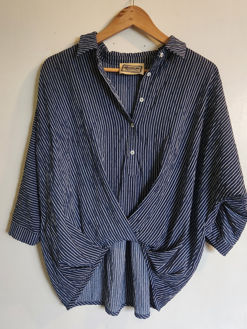 Striped Navy  Faux Wrap-Front Women's Shirt. Boho.